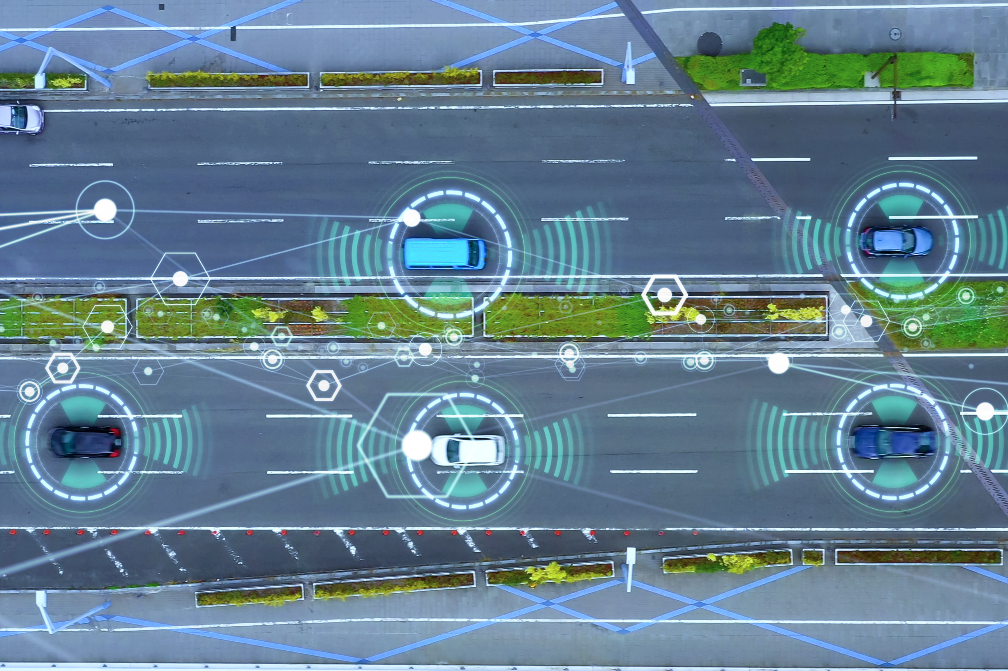 aerial view of road with vehicles using communication technologies